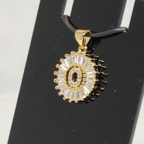 Gold Tone Metal Pendant Clear Baguette Round Glass Stones Monogrammed "O" New - Picture 7 of 16